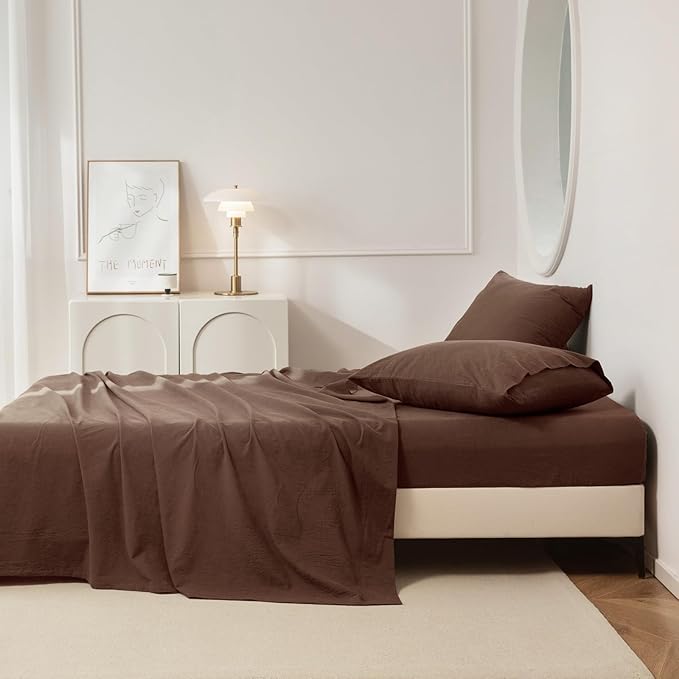 JIYUAN 100% Washed Cotton Sheet Set 4 Pieces Queen,1 Fitted Sheet,1 Flat Sheet and 2 Pillowcases,Comfy and Breathable Linen Like Bedding Set,Chocolate Brown