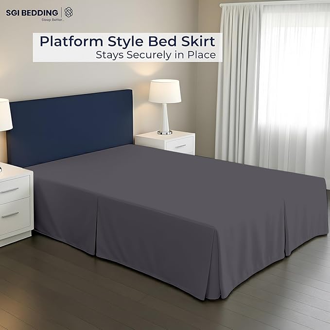 SGI bedding 14 inch Drop Bed Skirt Full Size - Platform Style with Secure Fit, Classic Tailored Look, Elegant Pleated Style Dust Ruffle, Split Corners, Wrinkle Resistant Microfiber - Dark Grey