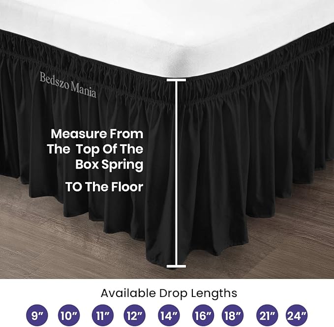 Wrap Around Bed Skirt 11" Inch Drop 100% MicrofibreFabric 1-Piece Bed Skirt Easy Fit Easy Care Fade & Wrinkle Resistant - Full Size (54"X75"), Black Color