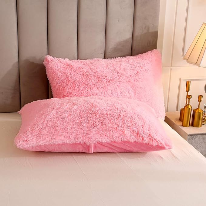 Uhamho Faux Fur Velvet Fluffy Bedding Duvet Cover Set Down Comforter Quilt Cover with Pillow Shams, Ultra Soft Warm (Pink, Queen)