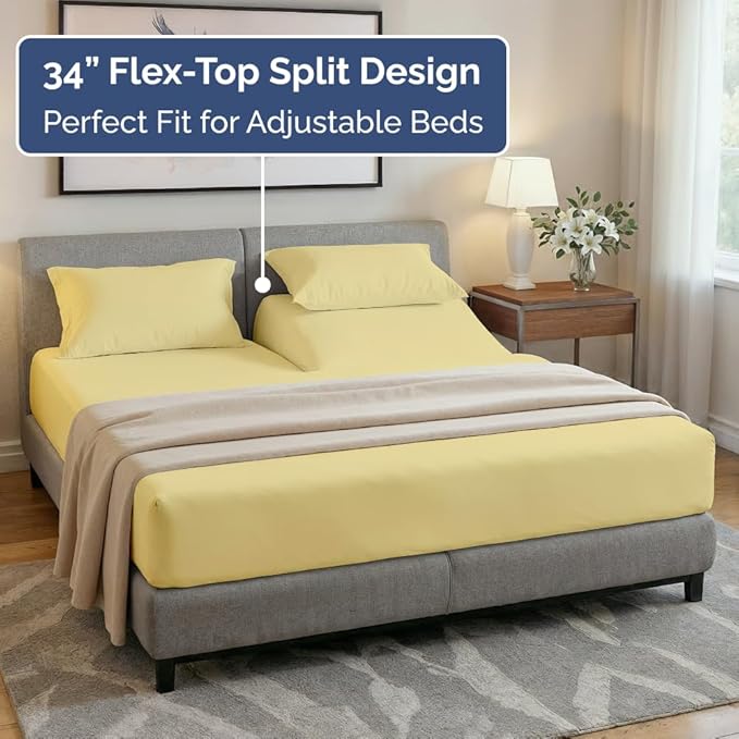 Flex Top Split Head King 4 Piece Sheet Set - Comfy Breathable & Cooling Bed Sheets Set - Hotel Luxury Bedding for Women, Men, Kids, Teens, Boys & Girls - Deep Pockets, Ultra-Soft - Oeko-Tex - Yellow