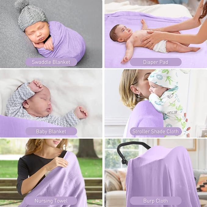 Premium Soft Muslin Cotton Newborn Baby Swaddle Blanket Unisex Swaddle Wrap Silky Swaddle Blankets Neutral Receiving Blanket for Newborn Boys and Girls Large 47 x 47 inches(120x120cm) (Lightpurple)