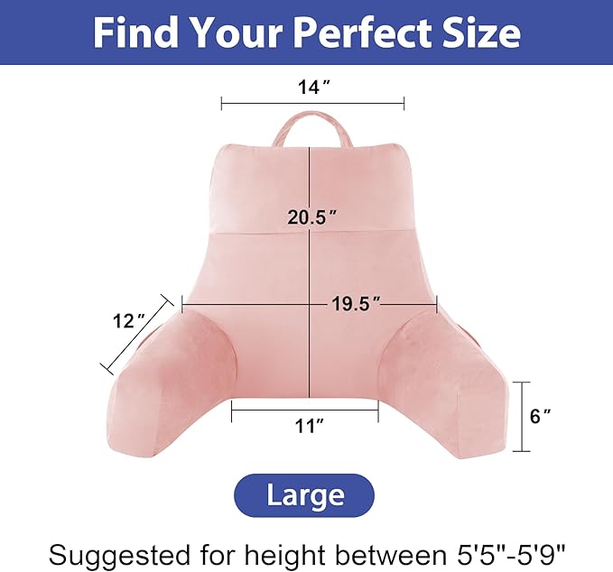 Back Pillow for Bed Sitting up, Reading Pillow for Sitting in Bed Adult, Back Support Pillow, Memory Foam Sit up Lounge Backrest Pillow with Arms for TV, Couch, Chair, Dorm, 20 Inch, Pink