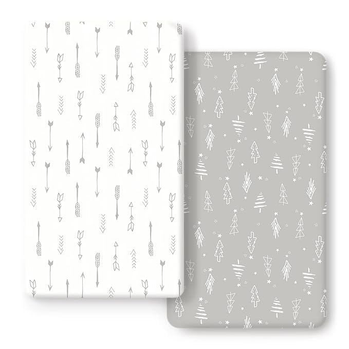 GRSSDER Stretchy Ultra Soft Jersey Knit Fitted Crib Sheets Set 2 Pack, Cozy Crib Sheet Fits All Standard Crib Mattress Pads, Christmas Trees and Arrows