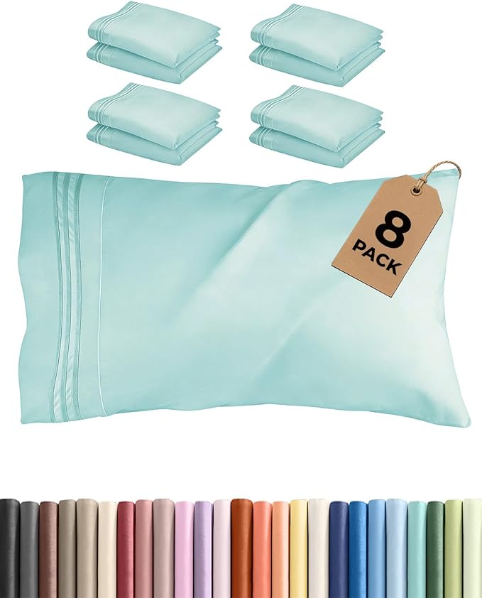 King Pillow Cases Set of 8 - Ultra Soft Hotel Quality Pillowcase Covers - Comfy & Wrinkle Free - Shrink, Stain & Fade Resistant - Easy-Care, Machine Washable Pillow Protectors - 8 Piece Set - Spa Blue