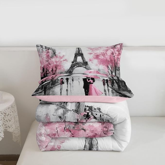 Paris Comforter Set French Eiffel Tower Bedding Sets King For Girls Kids Women Paris Themed Bedroom Decor Watercolor Cherry Blossoms Couple Comforter Retro Valentine Quilt Duvet Pink Grey 3 Pcs