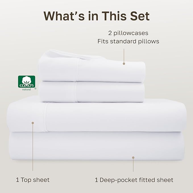 California Design Den Full Size Bed Sheets Set - Soft 400 Thread Count Sateen, Natural 100% Cotton Sheets Full Size Bed Set, Deep Pockets for a Snug Fit, Durable Bedding - White