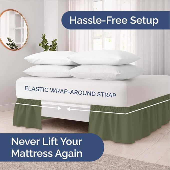 Wrap Around Dust Ruffle Bed Skirt - Sage Green - Twin/Twin XL Size Beds with 21 Inch Drop - Elastic Strap - Adjustable Pleated Bedskirt with Brushed Fabric and Wrinkle Free - Women, Men, Kids & Teens
