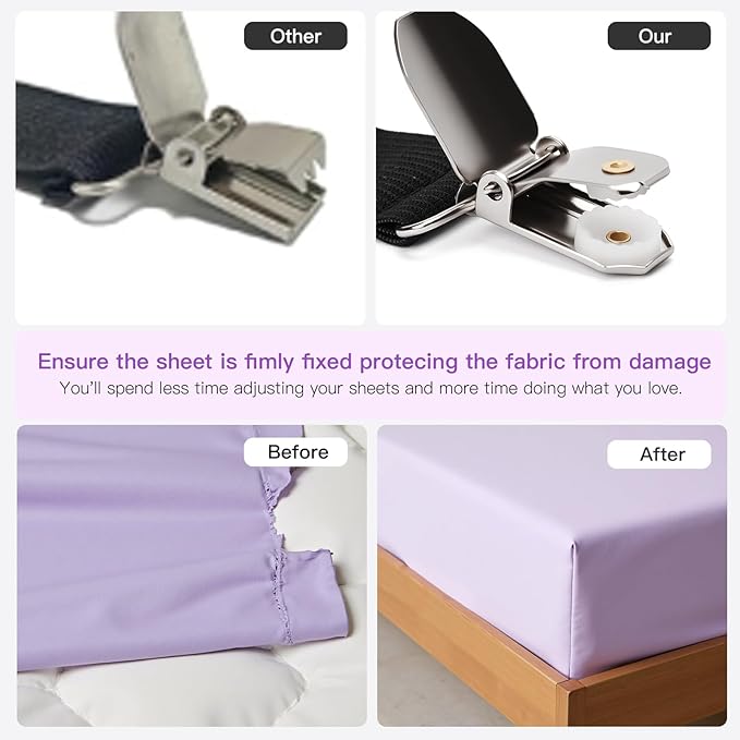 EasYoung 12PCS Bed Sheet Straps, Secure & Adjustable Fitted Sheet Holders for Full, Queen, King & More, Heavy Duty Nylon & Metal Clips
