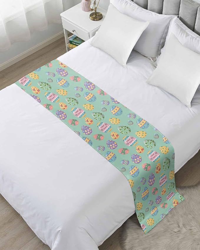 Happy Easter Eggs Bed Runners for Bedroom Hotel,Decorative Bedding Scarf Seamless Colorful Egg on Green Bed End Blanket Bedding Runner Scarves for Full Size Beds,83x20in