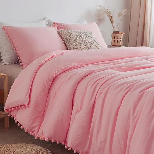 TanNicoor Pom Fringe Duvet Cover Set - 2 Piece Natural Ultra SOFE Color Washed Microfiber Bedding Set, Modern Style Down Comforter Quilt Cover with Zipper Closure(Full, Pink)