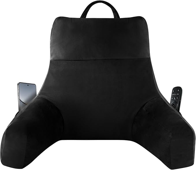 Reading Pillow with Arms for Adult, Back Pillow for Bed Sitting Up, Shredded Memory Foam Backrest Pillow with Pockets & Removable Washable Cover, Lounging, Watching TV, Reading(20" Black)