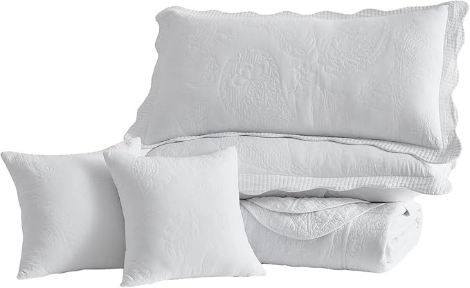 HZ & HY Oversized King Bedspread, Quilted Coverlet Bedding Set, Lightweight Thin Comforter, Reversible, Luxurious, 5 Piece, 100% Microfiber, Pure White
