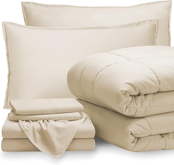Bare Home Bed-in-A-Bag 7 Piece Comforter & Sheet Set - Full - Goose Down Alternative - Ultra-Soft 1800 Premium - Bedding Set (Full, Sand/Sand)