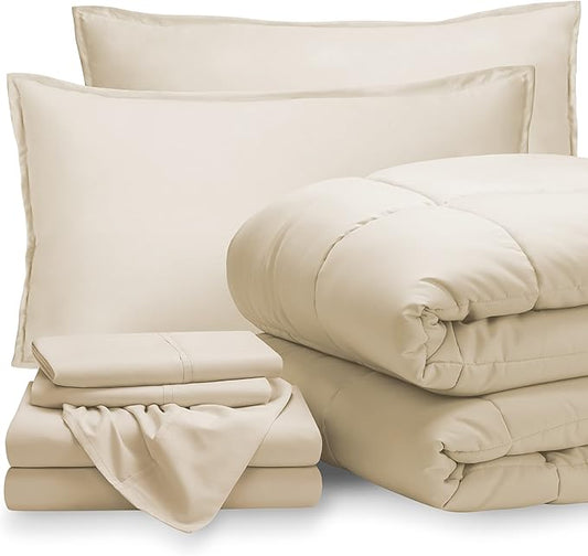 Bare Home Bed-in-A-Bag 7 Piece Comforter & Sheet Set - Full - Goose Down Alternative - Ultra-Soft 1800 Premium - Bedding Set (Full, Sand/Sand)