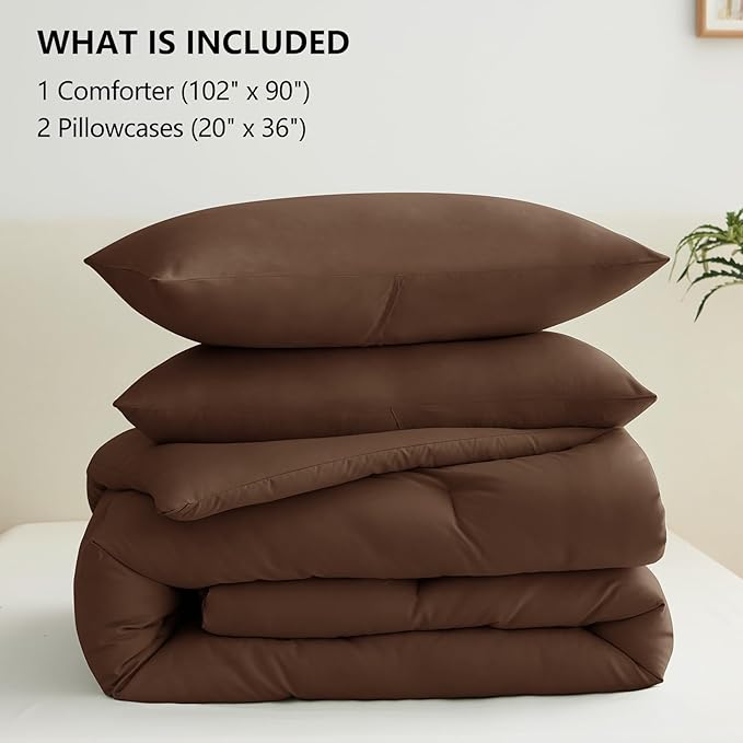 CozyLux King Size Comforter Set Brown, 3 Pieces Solid Comforters King Size Breathable Quilted Style Bedding Set, Luxury Soft Bed Set with Down Alternative Comforter (1 Comforter & 2 Pillowcases)