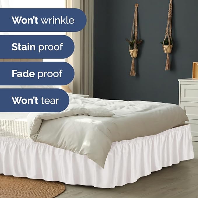 Wrap Around Dust Ruffle Bed Skirt - Antique White - Twin/Twin XL Beds w/ 12 Inch Drop - Easy Fit Elastic Strap - Adjustable Pleated Bedskirt w/Brushed Fabric, Wrinkle Free Women, Men, Kids & Teens