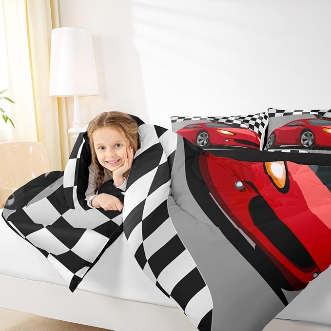 Feelyou Sports Car Bedding Set Red Racing Car Comforter for Kids Boys Girls Teens Extreme Sports Theme Comforter Set Race Sports Car Duvet Set Black and White Grid Room Decor Quilt Set Queen Size