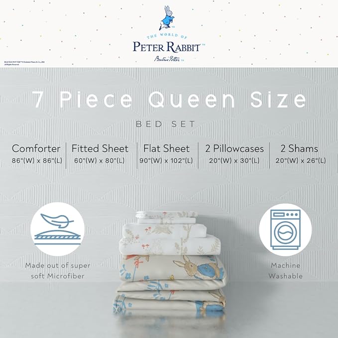 Peter Rabbit Easter Kids Bedding Super Soft & Cozy Reverisble Microfiber Comforter and Sheet Set with Sham, 7 Piece Queen Size, (Officially Licensed Product) by Franco