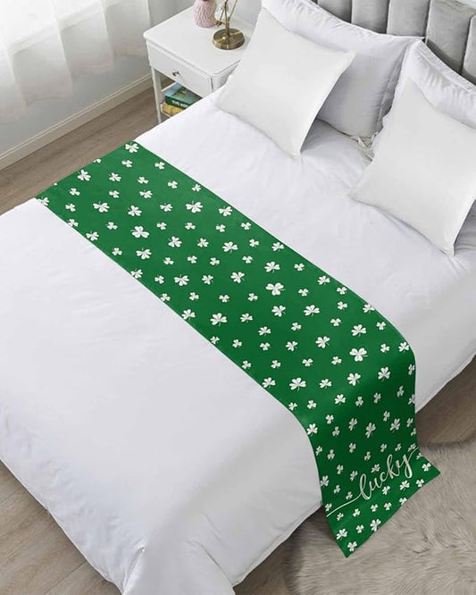 St Patrick's Day Lucky Leaves Bed Runners for Bedroom Hotel,Decorative Bedding Scarf White Shamrock on Green Bed End Blanket Bedding Runner Scarves for Twin Size Bed,71x20in