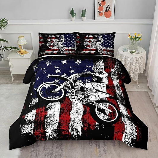Axolotl Dirt Bike Comforter Set King,American Flag Bedding Set,Motocross Comforter for Boys,White Red Stripes Stars Comforter,Motorcycle Racer Bedding for Kids Teens Men,1 Quilt 2 Pillowcases