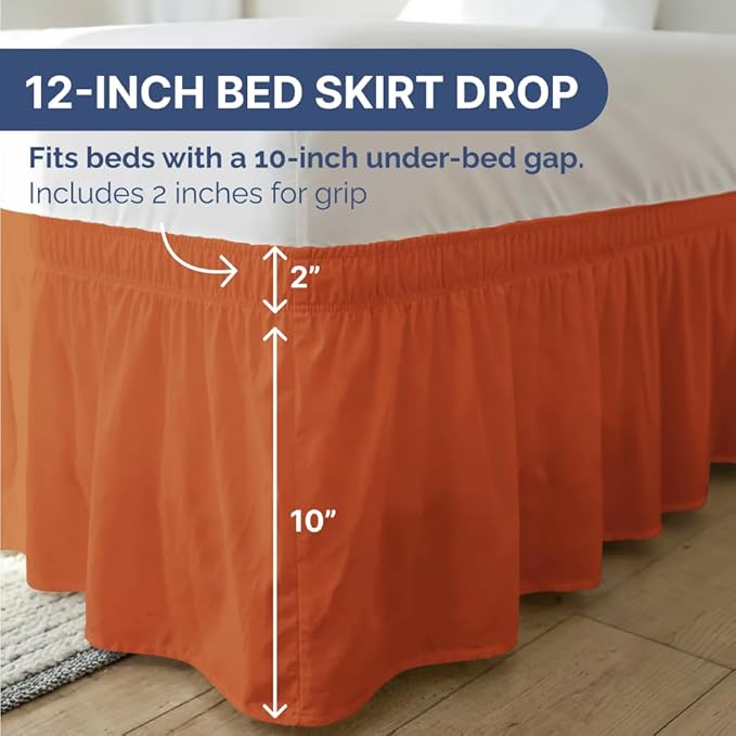Wrap Around Dust Ruffle Bed Skirt - Terracotta - for Full Size Beds w/ 12 Inch Drop - Easy Fit Elastic Strap - Adjustable Pleated Bedskirt w/Brushed Fabric - Wrinkle Free, Women, Men, Kids & Teens