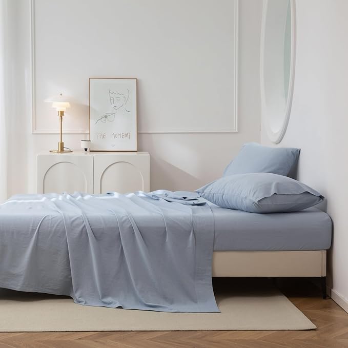 JIYUAN 100% Washed Cotton Sheet Set 4 Pieces Full,1 Fitted Sheet,1 Flat Sheet and 2 Pillowcases,Comfy and Breathable Linen Like Bedding Set,Heathered Light Blue