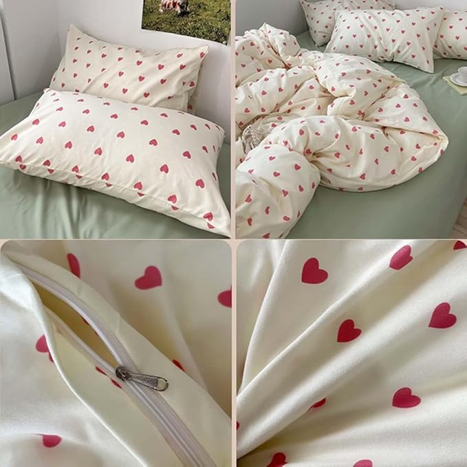 Nayoroom Heart Duvet Cover Full Size Kawaii Pink Heart Printed on Cream White Bedding Set 3Pcs Kids Girls Cute Heart-Shaped Pattern Comforter Cover with Zipper Closure Soft Breathable Microfiber