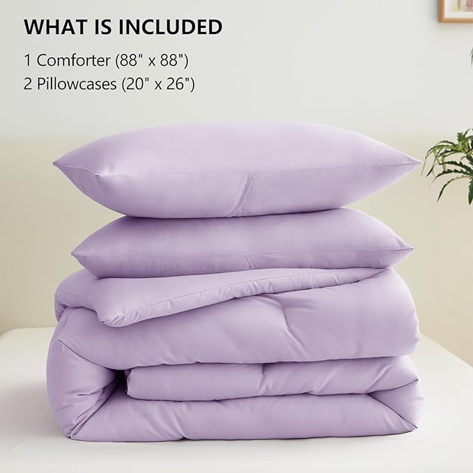 CozyLux Lavender Queen Comforter Set, 3 Pieces Light Purple Solid Breathable Quilted Boho Bedding Sets, Luxury Fluffy Soft Bed Set with Down Alternative Comforter and 2 Pillowcases for All Season