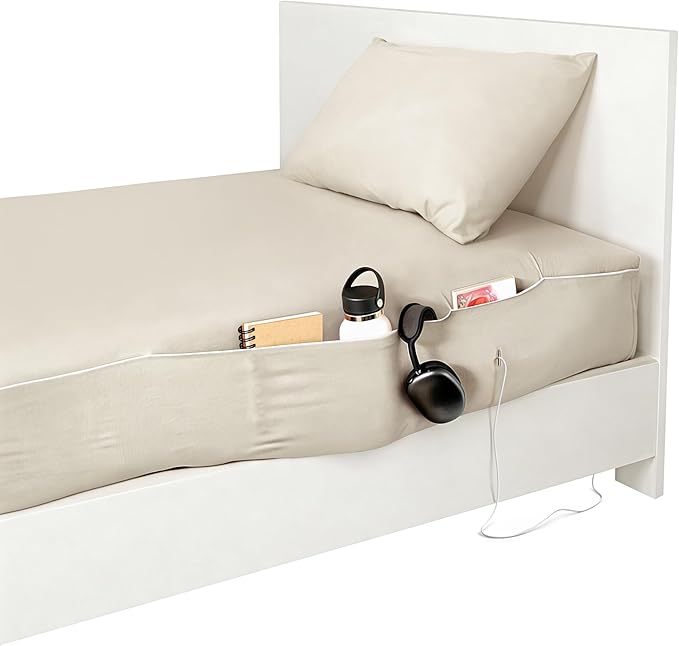 NEST and NOOKS Twin XL Fitted Sheet with Full-Length Storage Pocket | 400 Thread Count | College Dorm Bedding with Side Organizer Panel & Matching Pillowcase | Fits 39" x 80"x13" Mattress | Off White
