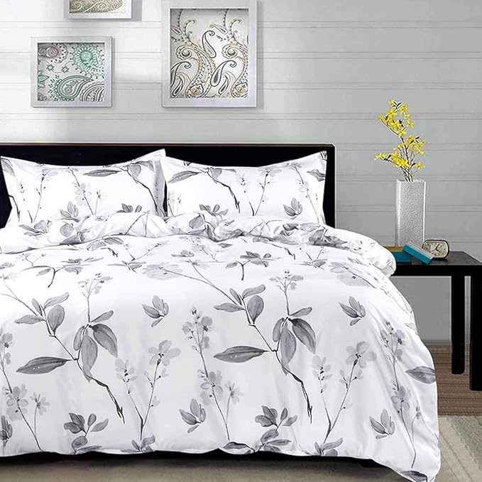 Nanko Queen Size Duvet Cover Set, White and Grey Floral Leaf Luxury Microfiber Down Comforter Quilt Cover with Zipper, Ties - Modern Farmhouse Bedding for Men Women Bed 3 Piece - 90 x 90, Gray Flowers