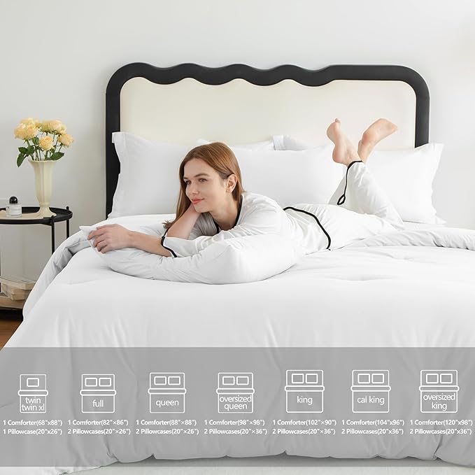 CozyLux Oversized King Comforter Set White, 3 Pieces 120x98 Solid Breathable Quilted Style Bedding Sets All Season, Luxury Soft Down Alternative Comforter Bed Set (1 Comforter & 2 Pillowcases)