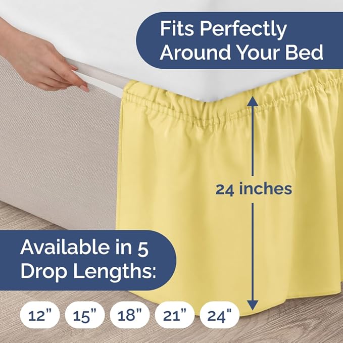 Wrap Around Dust Ruffle Bed Skirt - Yellow - Twin/Twin XL Size Beds with 24 Inch Drop - Easy Fit Elastic Strap - Adjustable Pleated Bedskirt w/Brushed Fabric - Wrinkle Free - Women, Men, Kids & Teens