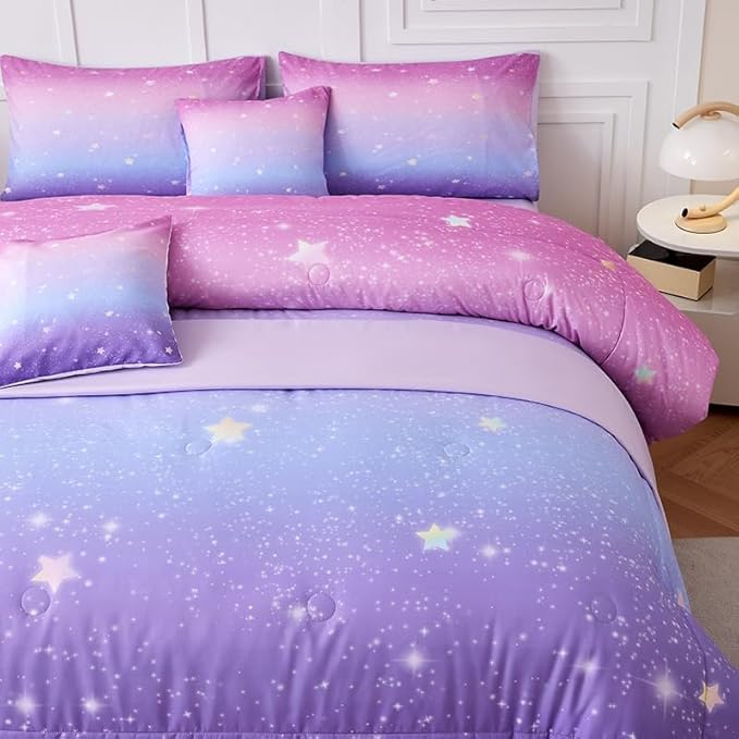 Pink and Purple Comforter Set Queen,Girls Galaxy Comforter Set,Purple Bedding Set Queen,Bed in A Bag Comforter for Children Girls Teen Kids,Bedroom Comforter Decoration Queen 7Pcs