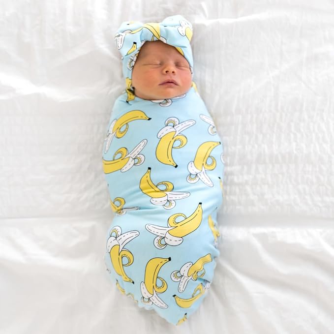 Little Sleepies Swaddle & Headband Bow Set, Viscose from Bamboo Baby Swaddles, Newborn Baby Girl Clothes (Luxe Bananas)