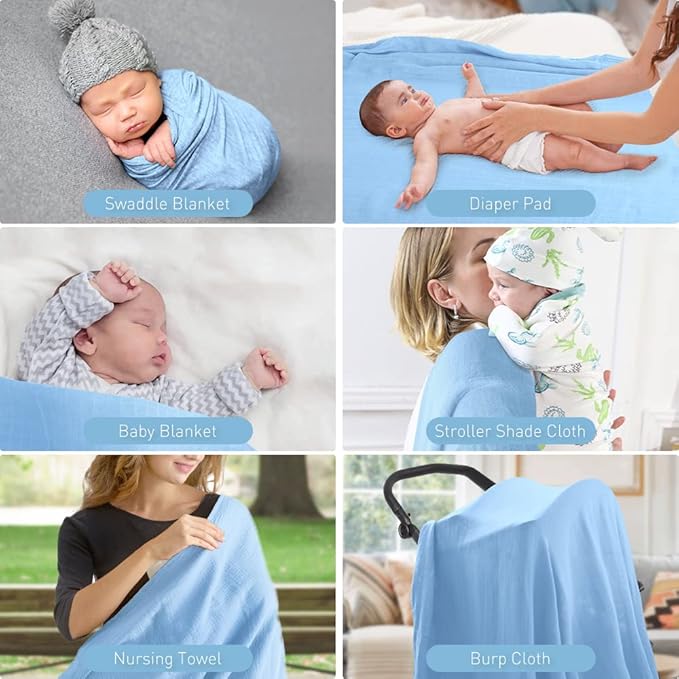 Premium Soft Muslin Cotton Newborn Baby Swaddle Blanket Unisex Swaddle Wrap Silky Swaddle Blankets Neutral Receiving Blanket for Newborn Boys and Girls Large 47 x 47 inches(120x120cm) (Light Blue)