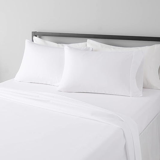 Amazon Basics Lightweight Super Soft Breathable Wrinkle-Resistant Microfiber 4-Piece Bed Sheet Set with 14-Inch Deep Pockets, Queen, Bright White, Solid