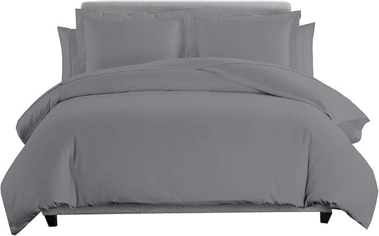 8 Pieces 100% Cotton Solid Grey Queen Goose Down Bed in a Bag Set Including 600TC Sheet Set + 600TC Duvet Cover Set+ All Season Striped Goose Down Comforter 600 Fill Power