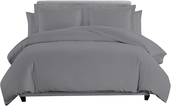 8 Pieces 100% Cotton Solid Grey Full Goose Down Bed in a Bag Set Including 600TC Sheet Set + 600TC Duvet Cover Set+ All Season Striped Goose Down Comforter 600 Fill Power