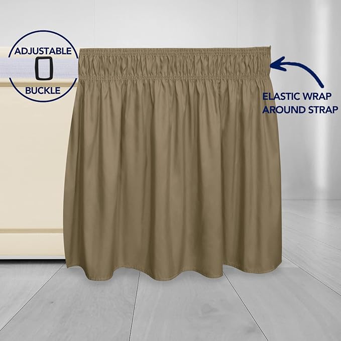 PureFit Wrap Around Ruffled Bed Skirt with Adjustable Elastic Belt - 14 Inch Drop Easy to Put On, Wrinkle Free Bedskirt Dust Ruffles, Bed Frame Cover for Queen, King and C-King Size Beds, Camel