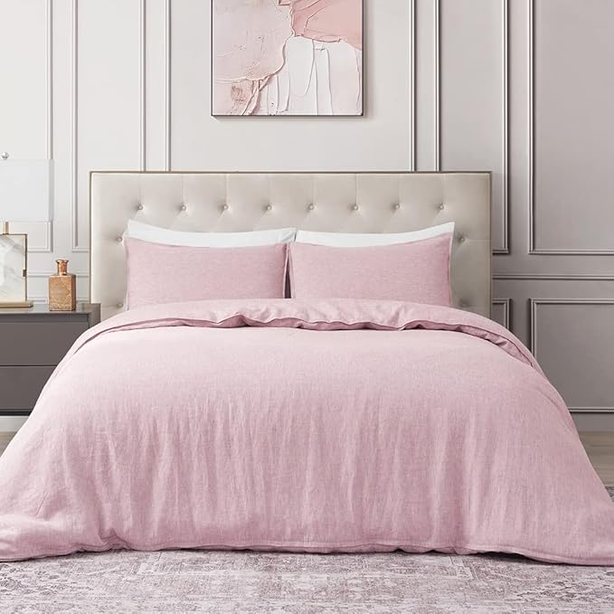DAPU Pure Linen Duvet Cover Set, 100% Yarn-Dyed French Linen, Breathable and Durable for Hot Sleepers, 1 Duvet Cover and 2 Pillowcases (Smokey Pink, King)