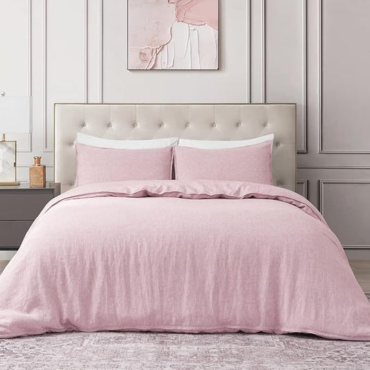 DAPU Pure Linen Duvet Cover Set, 100% Yarn-Dyed French Linen, Breathable and Durable for Hot Sleepers, 1 Duvet Cover and 2 Pillowcases (Smokey Pink, King)
