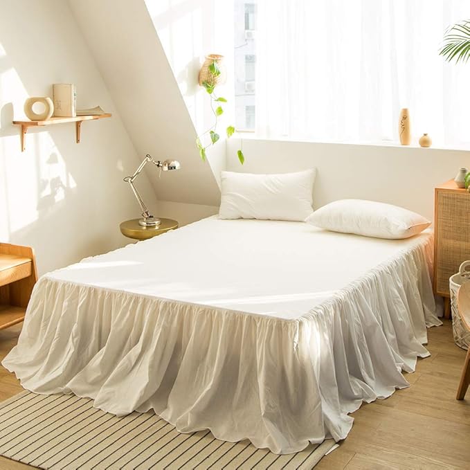 Simple&Opulence Belgian Linen Bed Skirt with Classic 14 inch Tailored Drop Dust Ruffle, Easy Fit Breathable Premium Natural Flax- Pleated White, Queen