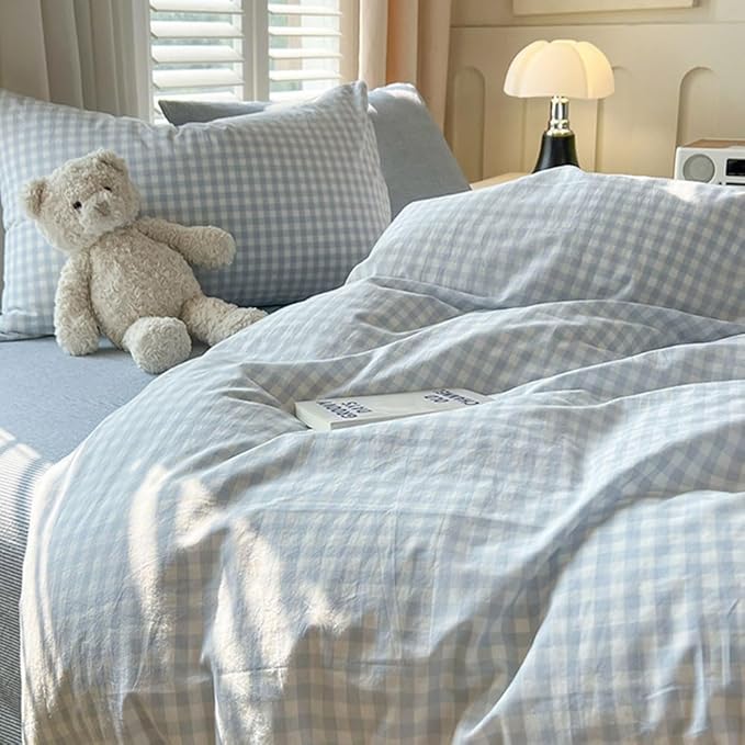 Nayoroom Gingham Duvet Cover King Size Blue White Plaid Checkered Comforter Cover 3 Pcs Soft Breathable Washed Microfiber Grid Farmhouse Bedding Set with Pillow Shams