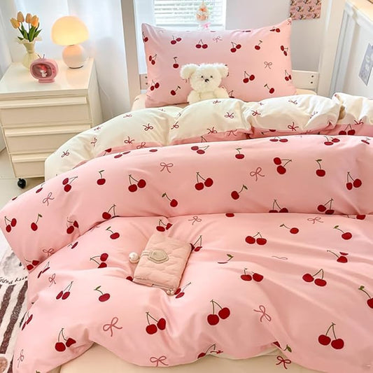 Nayoroom Duvet Cover Queen Size - Reversible Pink Bow Red Cherry Patterned Duvet Cover, 3 Pieces Soft Lightweight Microfiber Kids Girls Cute Aesthetic Dorm Bedding Set
