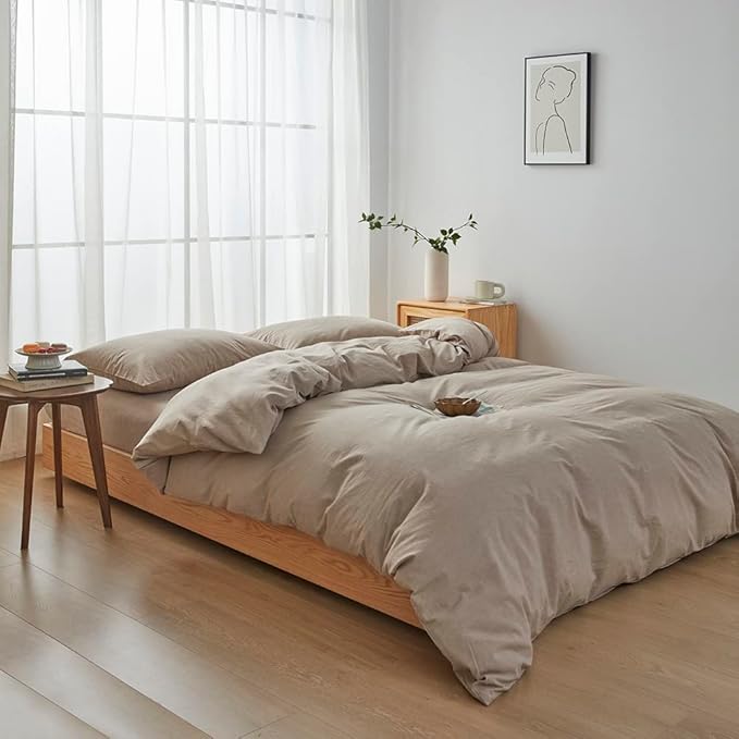 FACE TWO FACE Bedding Duvet Cover Set100% Washed Cotton Duvet Cover Linen Like Textured Breathable Durable Soft Comfy (King, Khaki)