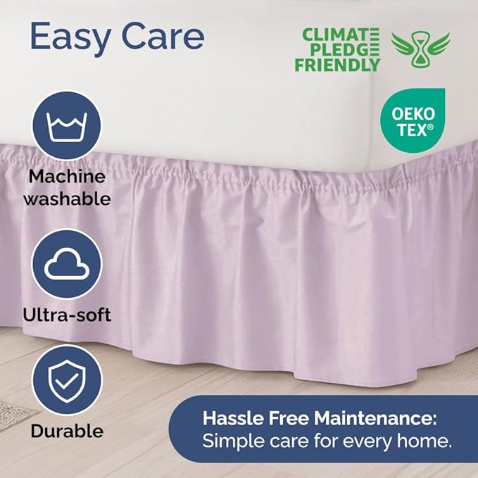 Wrap Around Dust Ruffle Bed Skirt - Light Lavender - for Queen Size Beds w/ 12 Inch Drop - Easy Fit Elastic Strap - Adjustable Pleated Bedskirt w/Brushed Fabric Wrinkle Free, Women, Men, Kids & Teens
