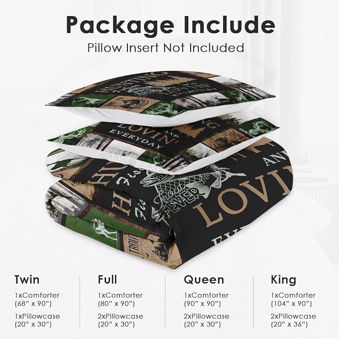 Queen Size Comforter Set with 2 Pillowcases, Retro Mountains Gray Soft 3 Pcs Bedding for Kids and Adults, Deer Animal Tree Comforter Set for Bedroom Bed Decor