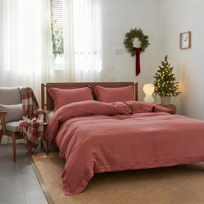 Simple&Opulence 100% Washed Linen Duvet Cover Set with Embroidered,3 Pieces Soft Farmhouse Comforter Set with Button Closure,1 Duvet Cover and 2 Pillowshams(King,Coral Red)