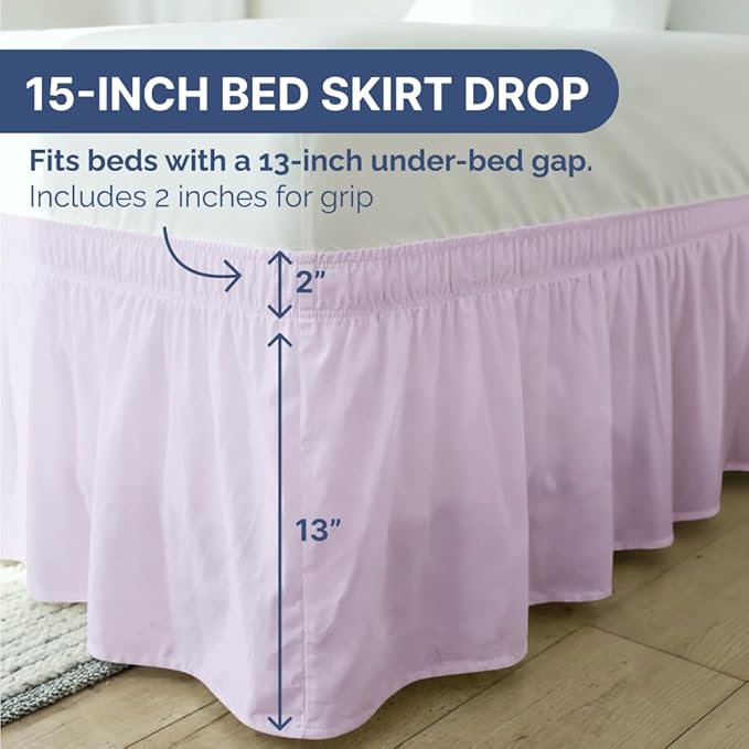 Wrap Around Dust Ruffle Bed Skirt - Light Lavender - for King Size Beds w/ 15 Inch Drop - Easy Fit Elastic Strap - Adjustable Pleated Bedskirt w/Brushed Fabric Wrinkle Free, Women, Men, Kids & Teens
